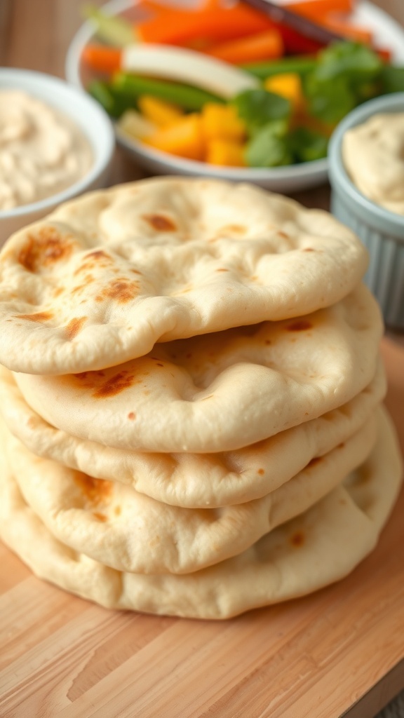 Homemade Vegetarian Pita Bread Recipe Freshly baked pita bread stacked on a cutting board with hummus and vegetables in the background.
